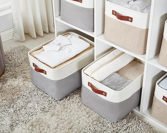 DECOMOMO Fabric Storage Baskets, Linen Closet Organizer Bins with Handles (White, Large - 3 Pack)