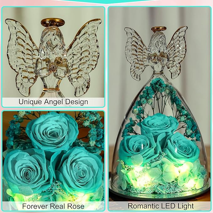 Christmas Rose Gifts for Women Preserved Real Flower in Glass Angel Figurines Roses for Delivery Prime Birthday Gifts for Mom Grandma Girlfriend Wife Her - Tify Blue