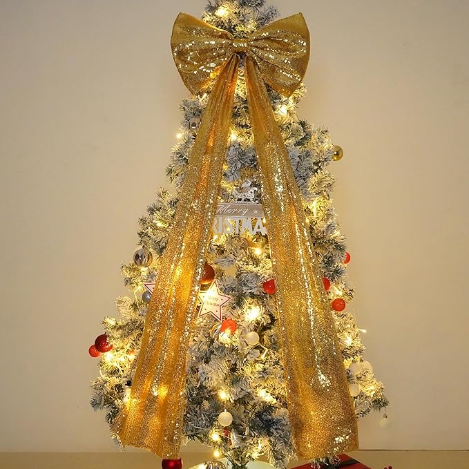 PartyDelight Christmas Tree Topper Bow Decor Gold Sequin Large Bow 16x47 Inchs Ribbon Tie for Xmas Birthday Party Room Decorations Coquette Backdrop Wall Decors