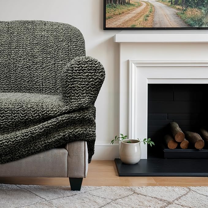 PAULATO BY GA.I.CO. Ottoman Slipcover - Stretch Stool Sofa - Pouf Protector for Pets and Kids - Soft Ottoman Cover - Durable Furniture Slipcovers - Microfibra Print Collection - Mossy Grey