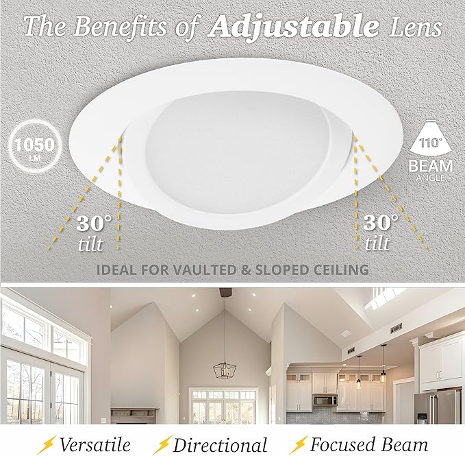NUWATT 12 Pack 6 inch Gimbal LED Recessed Light Canless Wafer Lights, 5CCT 2700K/3000K/3500K/4000K/5000K, Dimmable 1050LM 12W, Adjustable LED Eyeball Light Angled Recessed Lighting, Metal Junction Box
