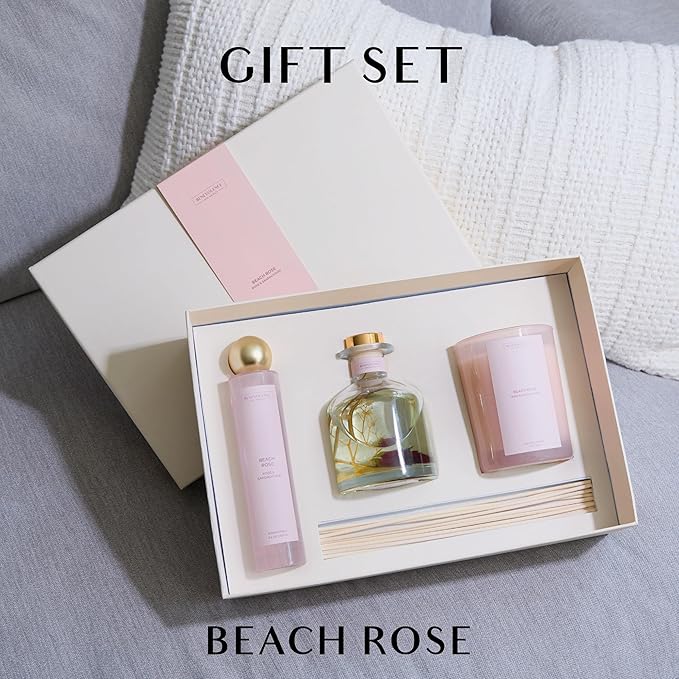 Benevolence LA Beach Rose Gift Box | Candle, Room Spray & Reed Diffuser | Rose & Sandalwood | Elegant Home Fragrance | Ready for Gifting Set | Thanksgiving Gifts for Women