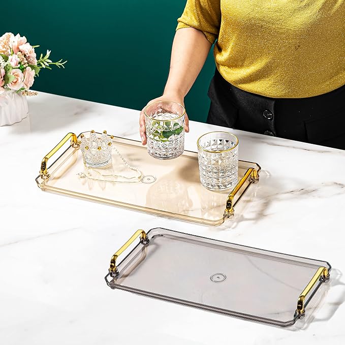 Acrylic Serving Tray with Handles Ottoman Countertop Decorative Tray Serving Tray Spill-Proof Tray for Coffee Table Living Room Bedroom 16 x 9 x 0.8 inches - (Transparent Color)