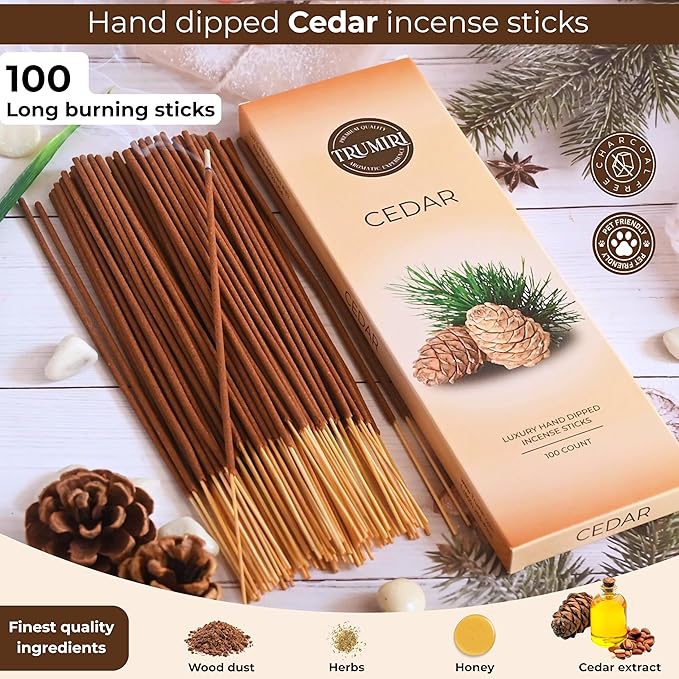 Cedar Incense Sticks - Pack of 100 Insence-Sticks Inciensos Aromaticos - Made with Natural Cedarwood Oil - Scented Insense Non Toxic Inscent Incence