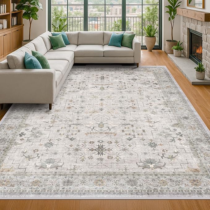 Boho Light Grey Living Room Rug 9x12 - Modern Vintage Eclectic Floral Pastel Neutral Taupe, Washable Low Pile Non-Slip Extra Large Area Rugs for Dining Under Table Bedroom