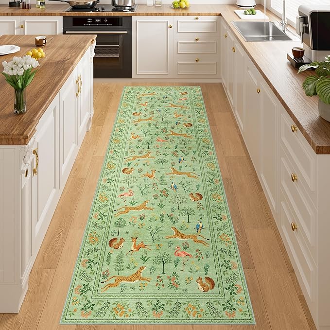 DUKINO 2.6x8 Rug for Hallway, Washable Kitchen Runner Rug with Non Slip Backing, Soft Low Pile Vintage Animal Runner for Bedroom, Kitchen, Hallway, Entryway, Laundry, Light Green