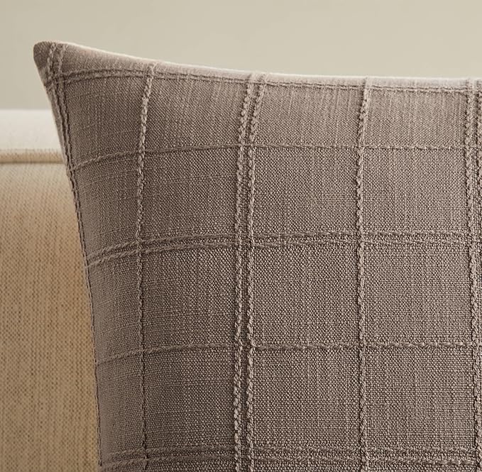 ZeeMart Linen Checked Throw Pillow Covers Set of 2, 24x24 Inch Cocoa Brown/Cream, Farmhouse Decorative Single Sided Grid Embroidered Couch Pillow Cases Brown Cotton Linen Cushion Covers