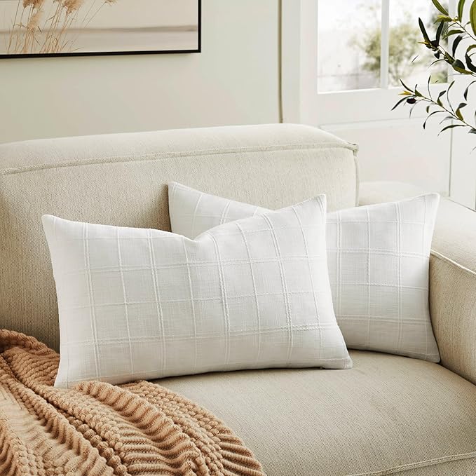 ZeeMart Linen Checked Lumbar Throw Pillow Covers Set of 2, 12x20 Inch White/Natural White, Farmhouse Decorative Single Sided Grid Embroidered Couch Pillow Cases Cotton Linen Cushion Covers
