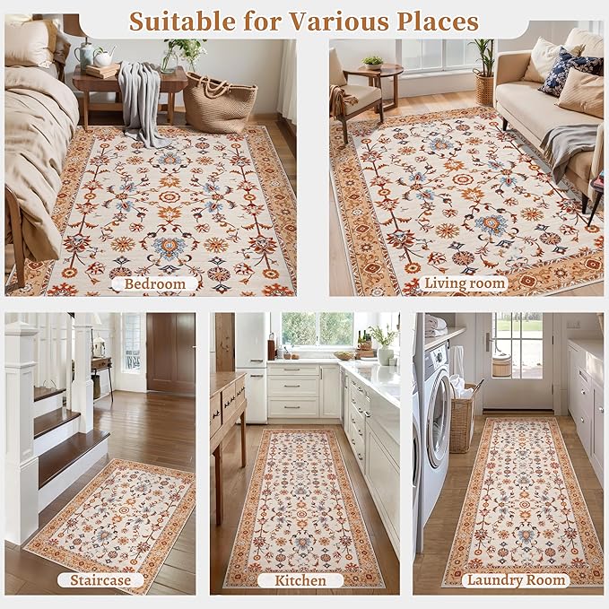 Tangsoo Washable Runner Rug for Hallway Non Slip, 2x5 Boho Floral Vintage Carpet Runner Rugs for Entryway, Floor Low Pile Runners for Kitchen Bathroom Laundry Bedroom Alfombra Orange Farmhouse