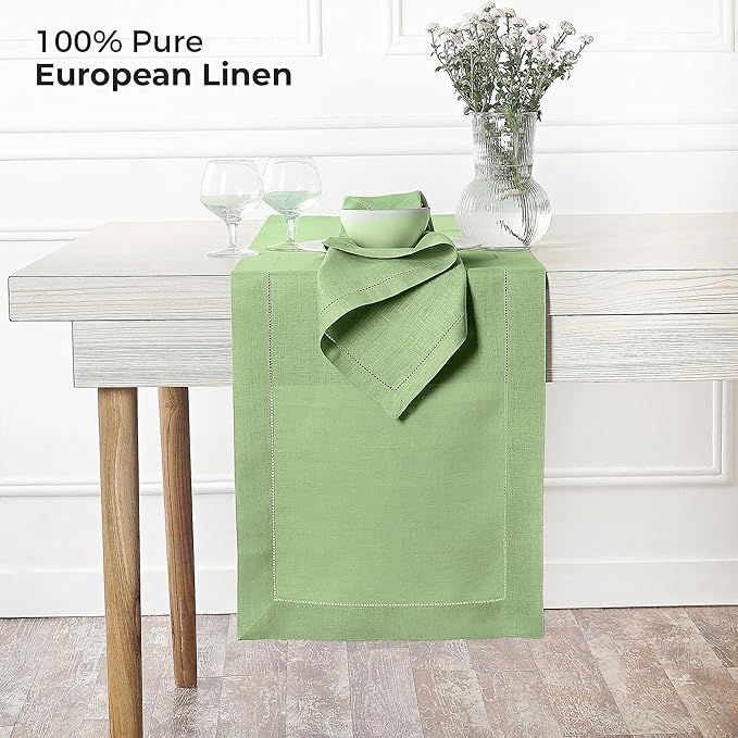 D'Moksha Homes Linen Sage Green Table Runner 72 Inches Long - 100% Pure Linen Hemstitch Table Runner 14 x 72 Inch for Dresser, Dining, Spring, St Patricks Day, Easter - Classic Hemstitch