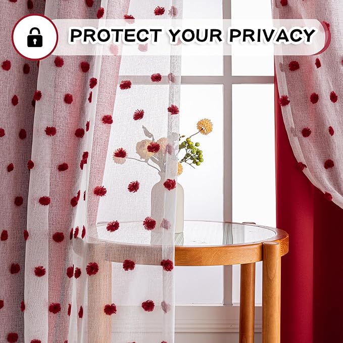 MYSKY HOME Red Christmas Blackout Curtains for Living Room 84 Inches Long with Pom Pom Sheer Nursery Curtains Girl Room Darkening Double Layer Window Drapes Grommet, 52 x 84 in, 2 Pieces