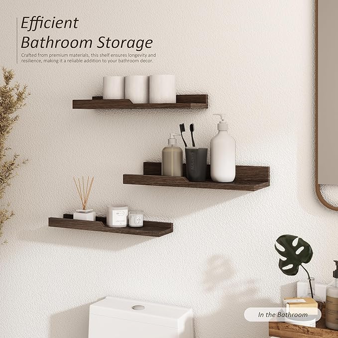 Rebee Vision Rustic Floating Shelves Set of 3 : Farmhouse Wood Bathroom Decor Wall Mounted for Display Storage and Small Hanging Shelf for Bedroom, Laundry Room, Kitchen, Office (Carbonized Brown)