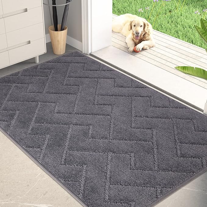 PURRUGS Dirt Trapping Door Mat 34" x 59", Non-Slip Machine Washable Entry Rug, Shoe Scraper, Dog Doormat, Super Absorbent Welcome Mat for Front & Back Door, Muddy Wet Shoes & Paws, Grey