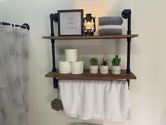 ROGMARS Industrial Pipe Shelving Bathroom Shelves with Towel bar, 30 in Rustic Floating Shelves Pipe Wall Shelf with Hooks for Living Room,Kitchen