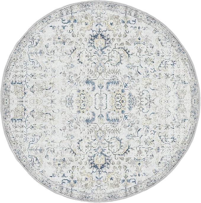 jinchan Kalen Round Rug 7ft Area Rug Washable Vintage Indoor Retro Floor Cover Distressed Floral 7' Round Circle Boho Non Slip Thin Carpet for Living Room Dining Room Bedroom Kitchen Blue