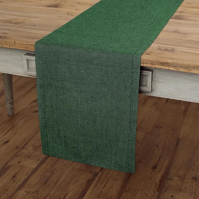 Solino Home Linen Table Runner 156 Inches Long - Athena, 100% Pure Linen Forest Green Table Runner 14 x 156 Inch for Dining, Easter, St Patricks Day