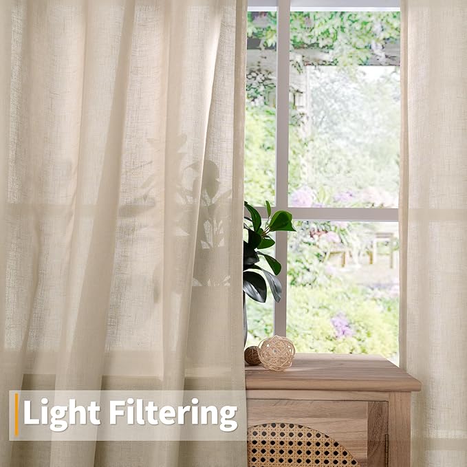 YoungsTex Tan Linen Semi Sheer Curtains 63 Inch Length for Living Room, Light Filtering Drapes with Grommet Lightweight for Bedroom Farmhouse, 2 Panels, 52 X 63 Inch