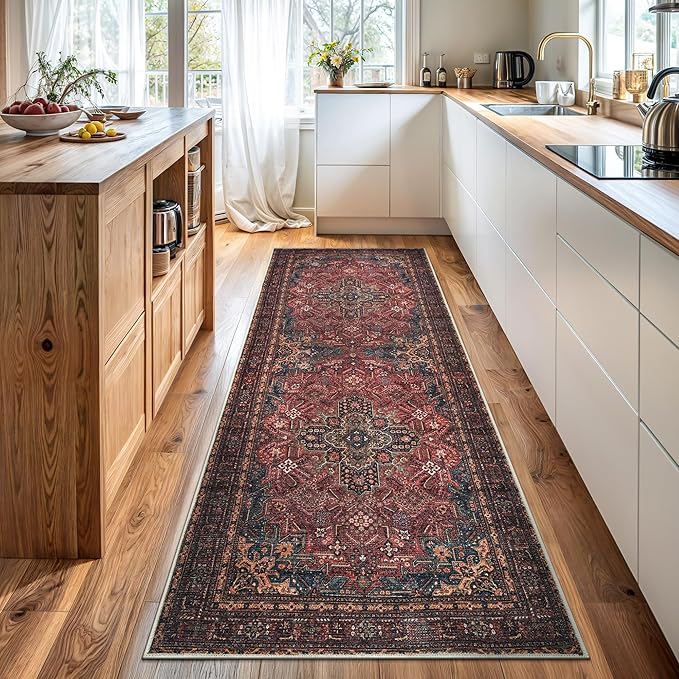 Bloom Rugs Washable Non-Slip 12 ft Runner - Red/Teal Blue/Yellow Traditional Medallion Runner for Entryway, Hallway, Bathroom, and Kitchen - Exact Size: 2.5' x 12'