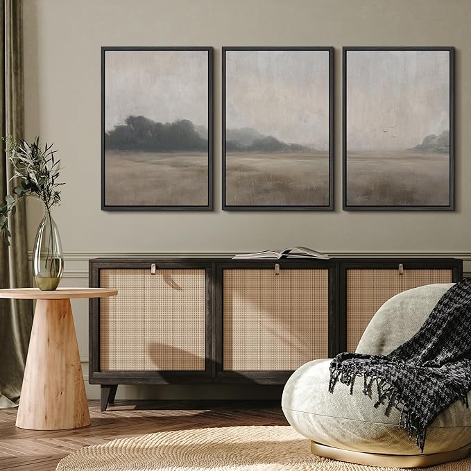 MUDECOR Framed Wall Art Print Set Serene MeadowTranquil Landscape with Foggy Fields and Distant Trees Illustrations Realism Decorative for Living Room, Bedroom, Office - 16"x24"x3 Black