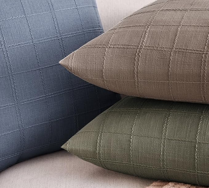 ZeeMart Linen Checked Throw Pillow Covers Set of 2, 16x16 Inch Allover Grid Blue, Farmhouse Decorative Double Sided Grid Embroidered Couch Pillow Cases Blue Cotton Linen Cushion Covers