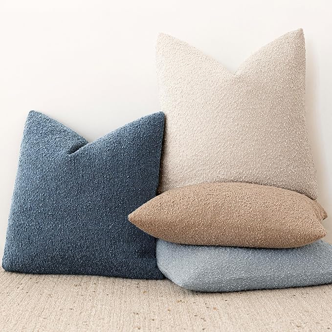Foindtower Set of 2, Decorative Textured Boucle Throw Pillow Covers Accent Solid Pillow Cases Neutral Couch Cushion Case for Chair Sofa Bedroom Living Room Home Decor 26x26 Inch Dark Blue