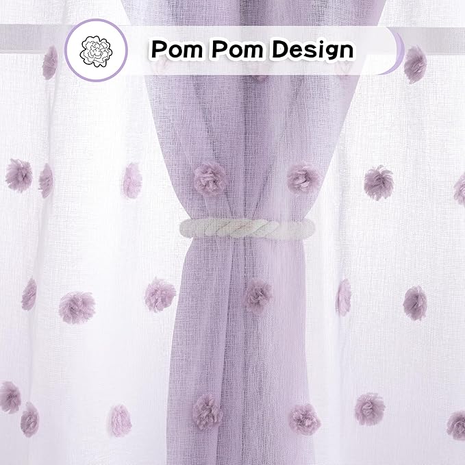 MYSKY HOME Long Curtains for Sliding Door 95 Inch Long Lilac Pom Pom Sheer and Blackout Curtain for Living Room Darkening Double Layer Window Panels for Girls Grommet, Light Purple, 52" Wide, 2 Panels