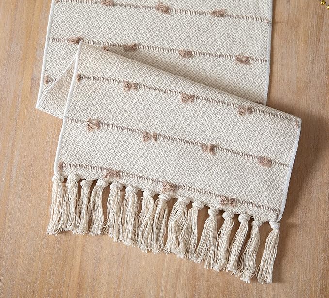 Caflife Boho Table Runner 72 Inchs Long for Modern Farmhouse Room Home Decor, Taupe and Beige Coffee Table Runner, Natural Cotton Woven with Tassels Neutral, for Kitchen Dining Table Decor