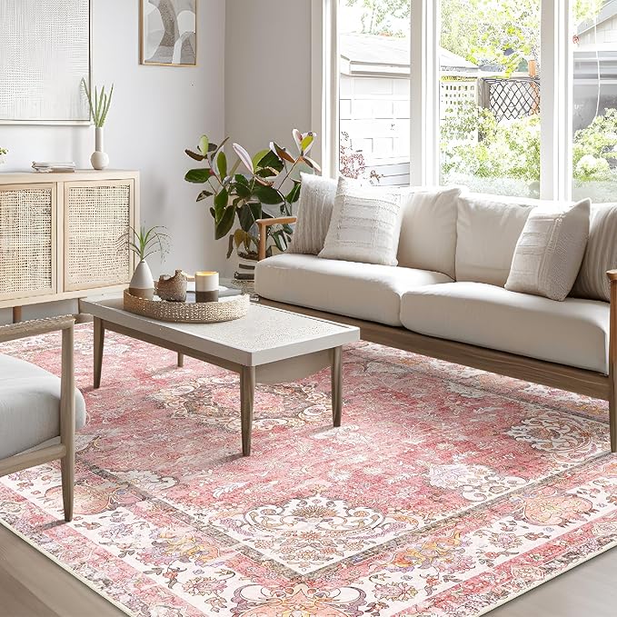 8'x10' Area Rugs Washable,Pink Rug for Living Room Bedroom Dining Room,Large Boho Vintage Bohemian Distressed Oriental Carpet Non Slip,Blush Floral Flowers
