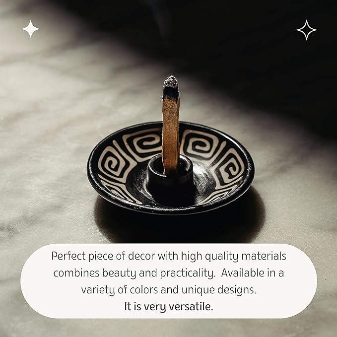 Luna Sundara Authentic Peru Pottery Palo Santo Stick Holder and Incense Holder with 5 Palo Santo Sticks Handmade Ceramic Smudge Bowl Sage Holder Black and White Maze Gift Set
