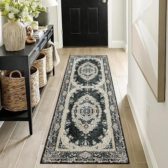 Washable Runner Rug 2x6,Black Rug Runners Non Slip,Long Boho Rugs for Hallways Kitchen Bedroom Entryway Living Room Bathroom,Vintage Bohemian Distressed Floor Carpet,Floral