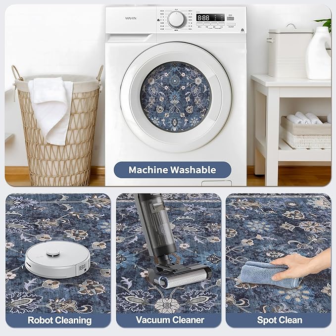 Tangsoo 2.6x8 Runner Rug for Hallway Kitchen, Non Slip Washable Long Rug Runner Boho Vintage Floral Carpet, Distressed Blue Black Soft Low Pile Indoor Runners for Entryway, Laundry, Kids&pets Friendly