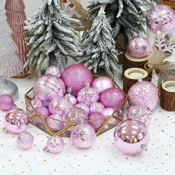 20ct Pink Christmas Ball Ornaments Shatterproof Plastic Christmas Tree Decorations for Xmas Party Home Office Holiday Decor -Large Size (3.15", 80mm)