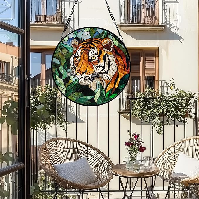 Stained Glass Window Hanging, Fierce Tiger Sun Catcher for Door Home Decor Wild Animals Suncatcher Christmas Mother's Day Birthday Gifts for Women Men Mom and Nana 11.8 in