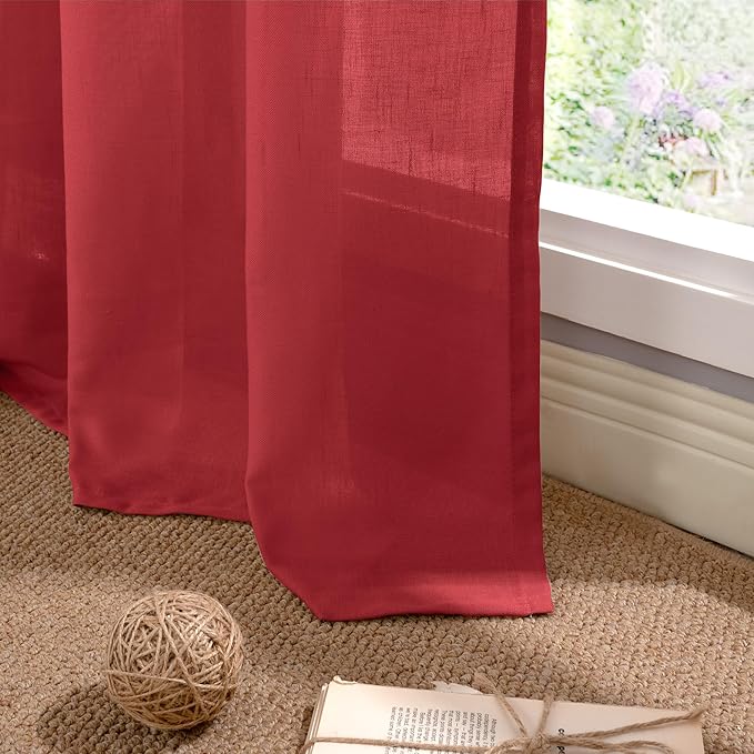 YoungsTex Red Linen Kitchen Curtains 45 Inches Long, Short Light Filtering Drapes with Grommet Semi Sheer Christmas Decor for Bathroom Living Room Window, 2 Panels, 42 X 45 Inch