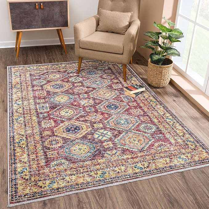Bloom Rugs Caria Washable Non-Slip 8x10 Rug - Dark Red/Multicolor Traditional Area Rug for Living Room, Bedroom, Dining Room, and Kitchen - Exact Size: 7'8" x 10'