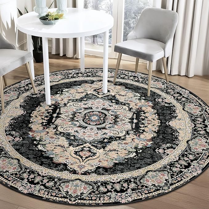 Black Round Rug 5ft, Circle Boho Area Rugs for Bedroom Living Room,Washable Vintage Bohemian Distressed Oriental Carpet Non Slip,Floral