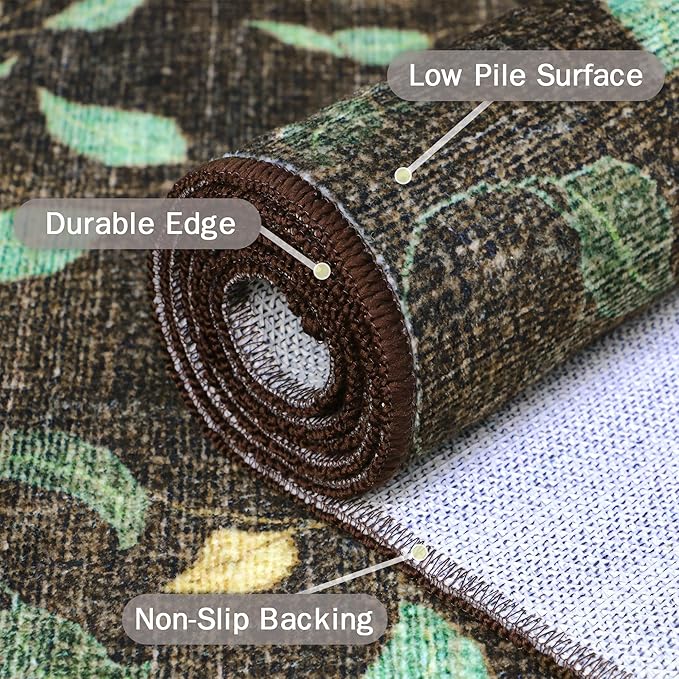 GENIMO Machine Washable 8x10 Area Rugs for Living Room, Non Slip Vintage Rugs, Low Pile Lightweight Chenille Print Rug for Bedroom, Dining Room, Home Office, Dark Leaf Print