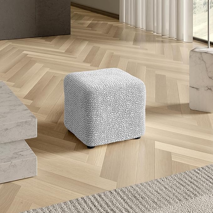 PAULATO BY GA.I.CO. Small Ottoman Cover Stool Cover Pouf Slipcover - Soft Polyester Fabric Slipcover - 1-Piece Form Fit Stretch Furniture Protector - Microfibra Collection - Light Grey (Ottoman)