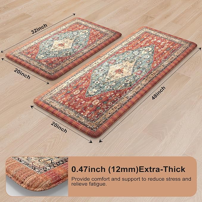 Collive Boho Kitchen Mats for Floor, Kitchen Mats Cushioned Anti Fatigue Waterproof Kitchen Rugs Sets of 2 Non-Skid Comfort Standing Mat for Kitchen, Office, Sink, Laundry, 20"x32"+20"x48"(Red)