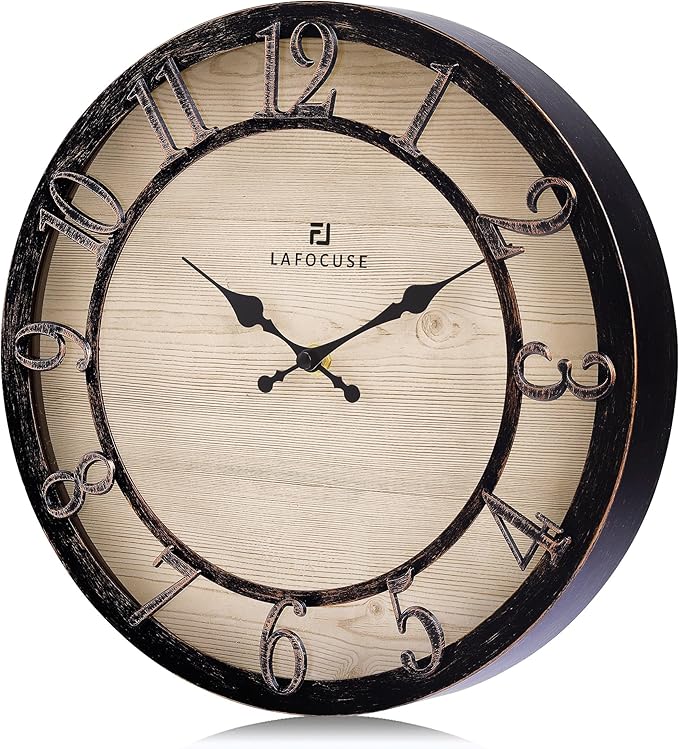 Lafocuse 12 Inch Silent Black Wall Clocks Battery Operated, Farmhouse Wall Clock for Kitchen Living Room, Rustic Home Décor