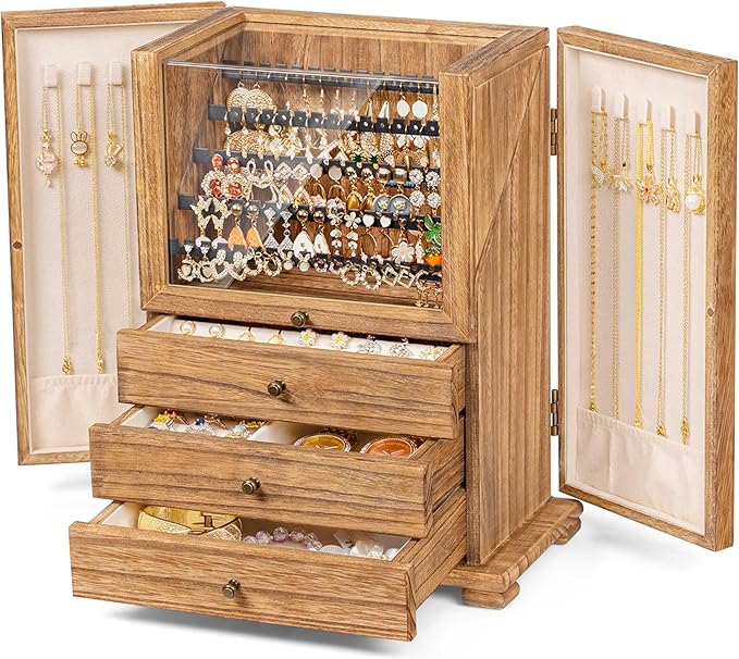 Jewelry Box Organizer, Rustic Wooden Jewelry Boxes for Women Girls, Large Storage Earring Holder Organizer Display for Earrings Necklaces Rings Bracelets, Jewelry Case as Gifts for Her