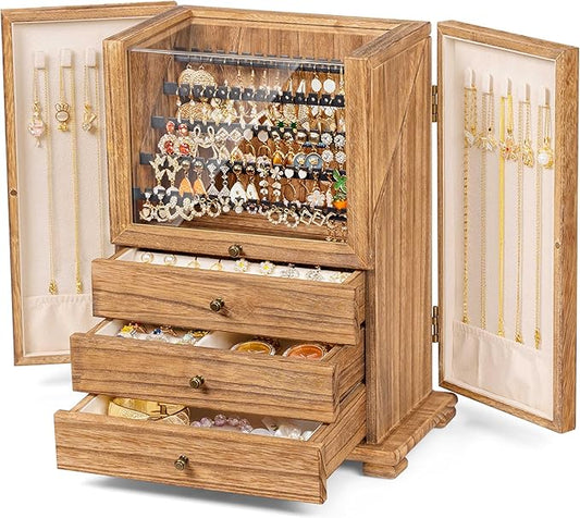 Jewelry Box Organizer, Rustic Wooden Jewelry Boxes for Women Girls, Large Storage Earring Holder Organizer Display for Earrings Necklaces Rings Bracelets, Jewelry Case as Gifts for Her