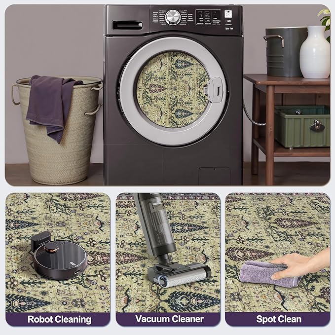 Tangsoo 2x6 Washable Runner Rug for Hallways, Non Slip Vintage Boho Purple Floral Rug for Entryway Kitchen Laundry, Non Slip Soft Low Pile Indoor Rug for Bedroom Bathroom Beside