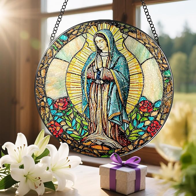 8 Inch Our Lady of Guadalupe Stained Glass Suncatcher, Stained Glass Window Hanging, Mexican Mom Window Hanging, Latin Mom Gift, Gifts for Mother's Day, Religious Gift, Gifts for Christian
