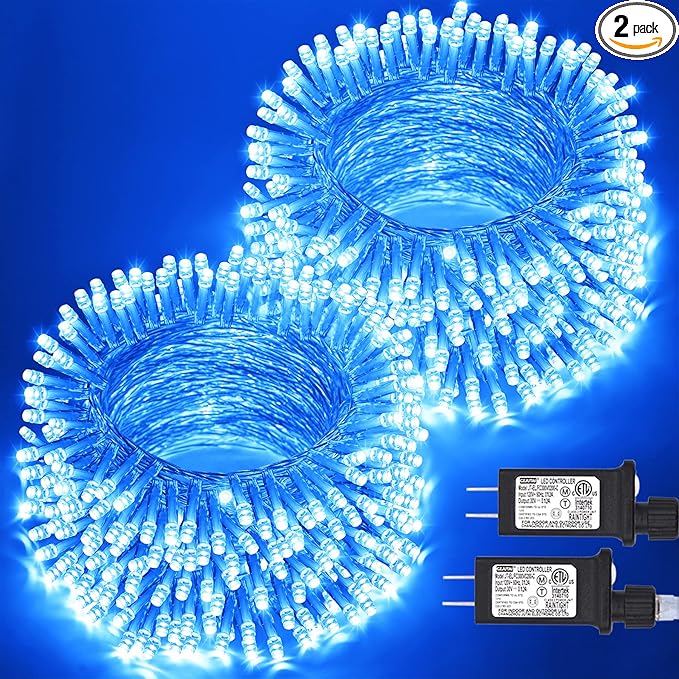 JMEXSUSS 2 Pack 100 LED Blue Christmas Lights Indoor Outdoor, 33ft Connectable Christmas String Lights Plug in, 8 Modes Clear Wire Blue LED Lights for Xmas Tree Yard Bedroom Party Fireplace Decoration