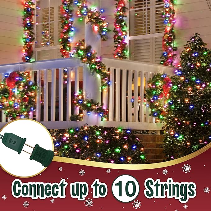 Warm Multi Color Christmas Tree Lights - 9 ft String of 50 Incandescent Mini Bulbs Multifunctional Lighting Modes, for Decorative, Bedroom, Outdoor, Xmas Twinkle Lights with Green Wire Total 10.4 ft
