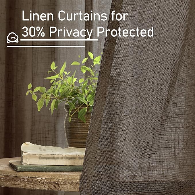 LAMIT Brown Linen Curtains for Living Room 84 inch Length 2 Panels, Light Filtering Semi Sheer Drapes Back Tab and Rod Pocket Farmhouse Panels for Bedroom/Sliding Glass Door, Dark Brown, 52 x 84 Inch