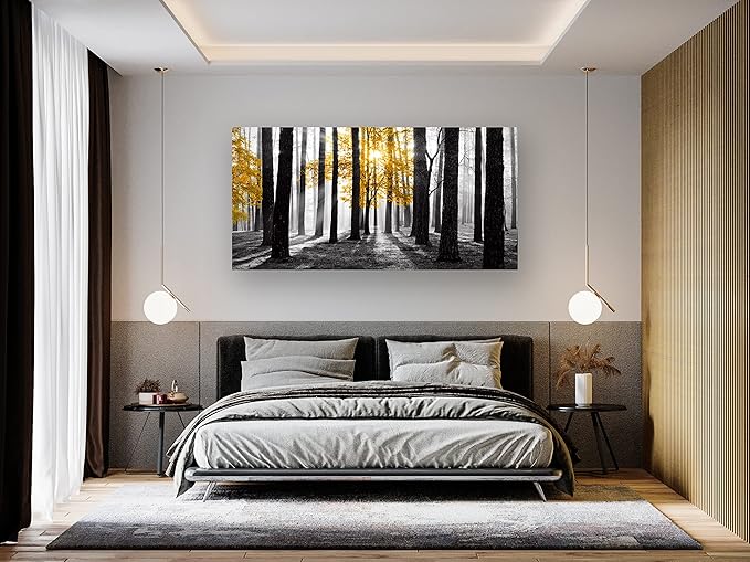 Cao Gen Decor Art S06362 Wall Art Canvas Painting Yellow Tree in Black and White Sunshine Foggy Forest Picture Poster Print Framed Ready to Hang for Living Room Bedroom Office Home Decor