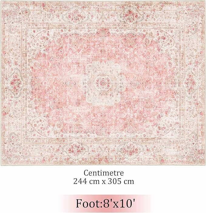 8x10 Area Rugs Washable,Pink Rug for Living Room Bedroom Dining Room,Large Boho Vintage Bohemian Distressed Carpet Non Slip,Blush