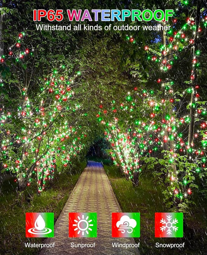 40FT 120 LED Christmas Lights Outdoor, Red and Green Christmas String Lights for Indoor Waterproof, 8 Modes & Timer, Connectable Christmas Tree Lights for Home Garden Party Decorations